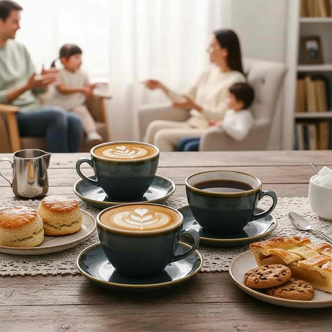 SHUER Ceramic Cappuccino Cup Set of 4, 7.8 OZ Cups and Saucers Set,Coffee Mocha Cup Sets,Black Coffee Cups and Glaze Americano Mugs Great for Party and Low Tea Time (Blue 220ml)