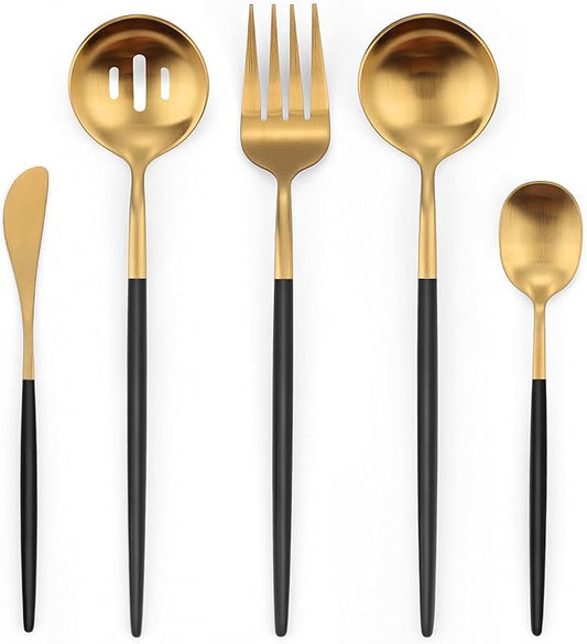 5-Piece Matte Black Gold Stainless Steel Large Hostess Set With Round Edge Satin Finish Dishwasher Safe - Large Serving Set Including Fork, Knife, Sugar Spoon And Slotted Spoon