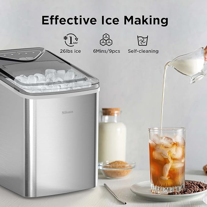 Silonn Ice Makers Countertop, 9 Cubes Ready in 6 Mins, 26lbs in 24Hrs, Self-Cleaning Ice Machine with Ice Scoop and Basket, 2 Sizes of Bullet Ice, Stainless Steel