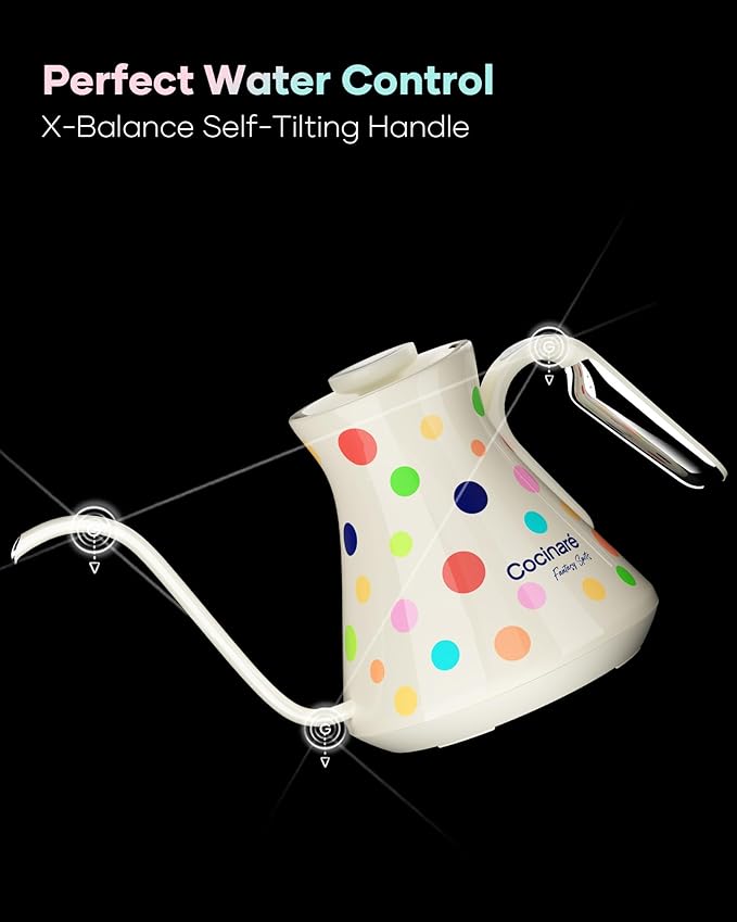 Cocinare FLOW M6 Pro Electric Gooseneck Kettle with Color-Changing Design, ±0.5℉ Temperature Control for Pour-over Coffee & Tea, Stainless Steel Interior, Quick Heating for Boiling Water (Polka)