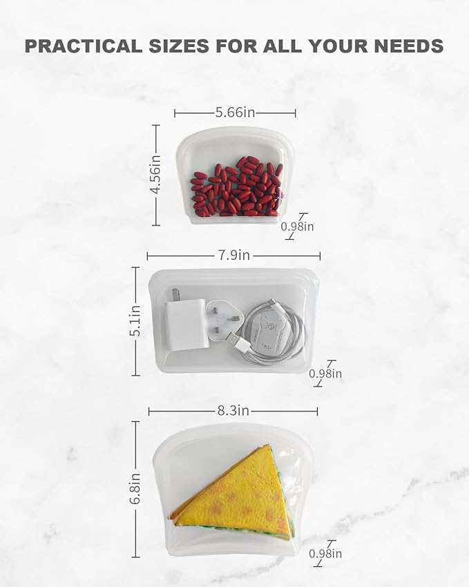 Reusable Silicone Storage Bag, 8Pack Pocket, Snack, and Sandwich Bag, Endurables Seal-Top Silicone Bags for Food Storage, Freezer, Microwave, Oven, Dishwasher Safe (Clear)