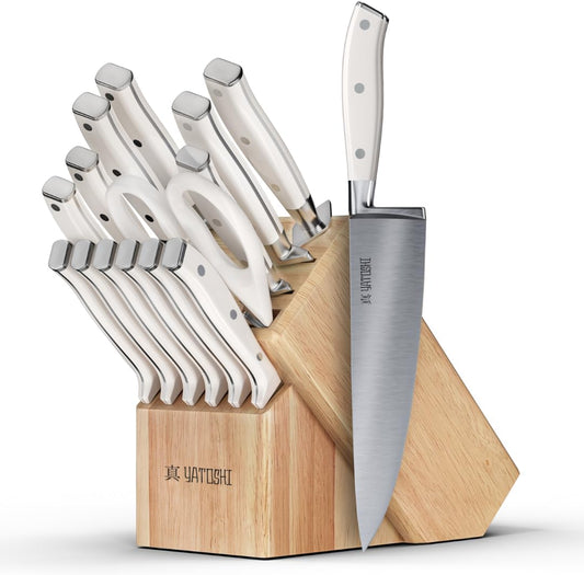 Yatoshi 15 Piece White Knife Block Set - Pro Kitchen Knife Set Ultra Sharp High Carbon Stainless Steel with Ergonomic Handle