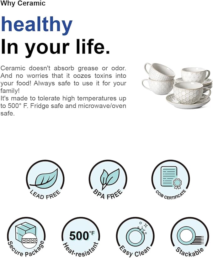 LE TAUCI Cappuccino Cups with Saucers 8 oz, Ceramic Large Coffee Cup for Au Lait, Double shot, Latte, Cafe Mocha, Tea, Dishwasher Safe - Set of 4, Arctic white