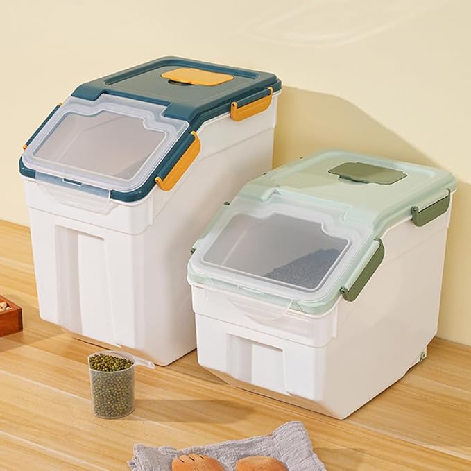 Large Flour Storage Container Bin 25lb, 2Pack Airtight Rice Storage Containers with Wheels Seal Locking Lid, BPA Free with Measuring Cup&Scoop for Flour, Rice, Grain(Blue)