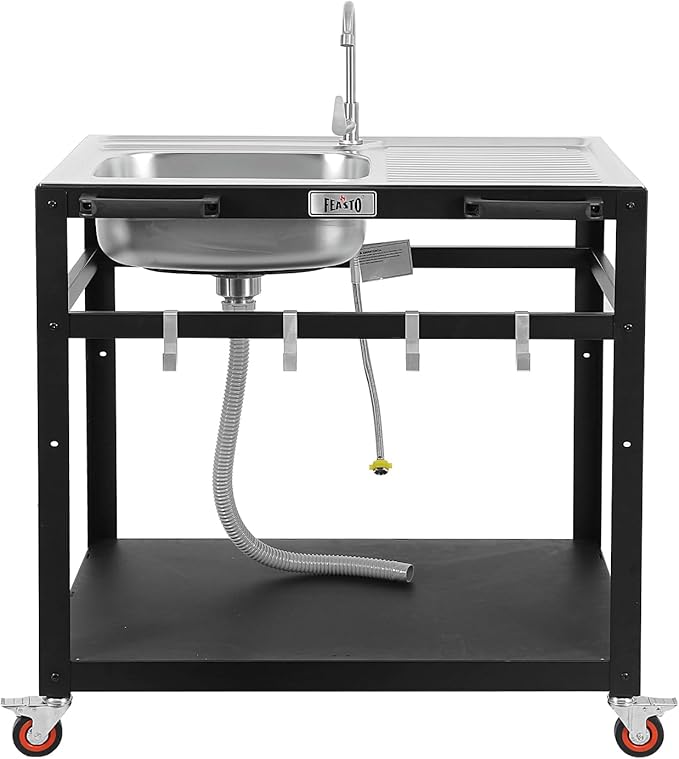 35” Outdoor Grill Cart with Sink, Outdoor Kitchen Sink Station with Hose Hook Up, Free Standing Sink with Wheels, Stainless Steel Sink with Single Bowl, Outdoor Utility Sink with Faucet