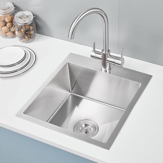 ROVOGO 17x19x8 in. Bar Sink Drop in, Top Mount Kitchen Sink Single Bowl 304 Stainless Steel, Small Wet Bar Prep Sinks with 1 Hole, Brushed