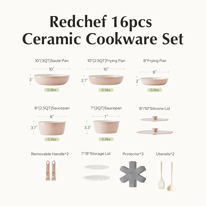 Redchef Pans and Pots Set Nonstick, Ceramic Cookware Set with Detachable Handles 16Pcs, Induction Dishwasher Oven Safe Kitchen Cooking Set, PFAS PFOA & PTFE Free, Pink