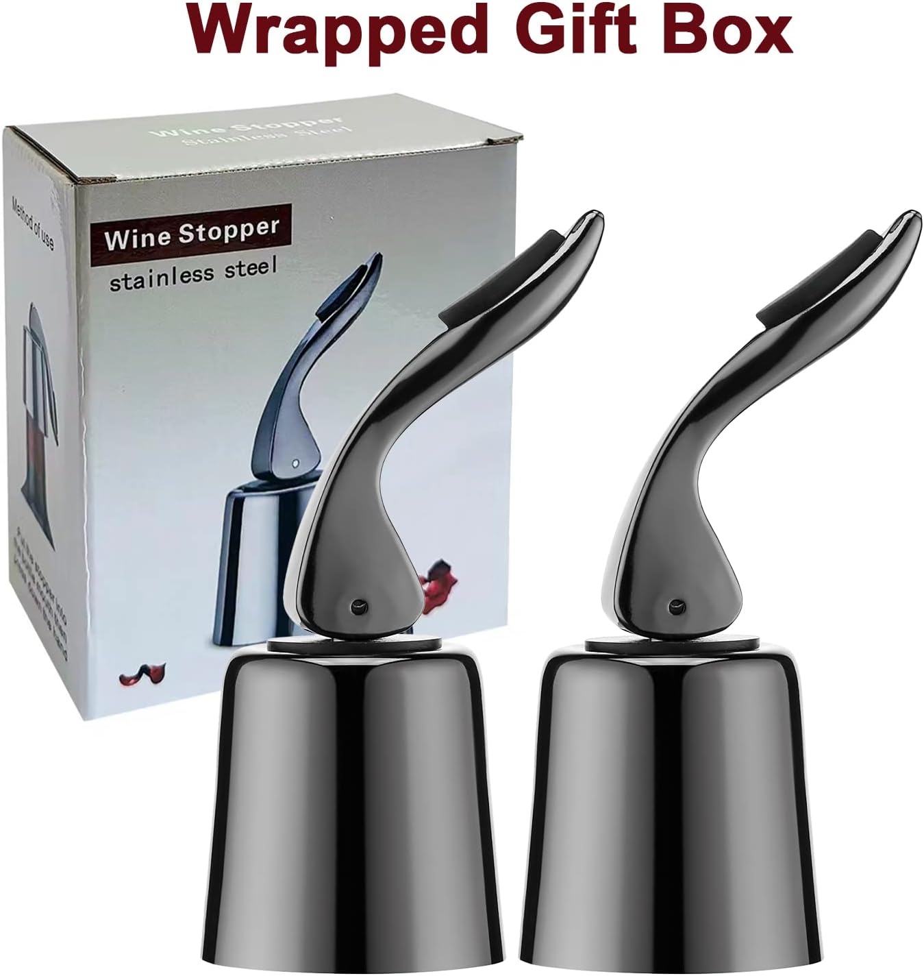 Wine Stoppers for Wine Bottles with Stainless Steel Vacuum Wine Bottle Stopper with Silicone Reusable Wine Corks, Leak proof Keep Fresh Suitable for Red&White Bottle (Black, 2 Pack)