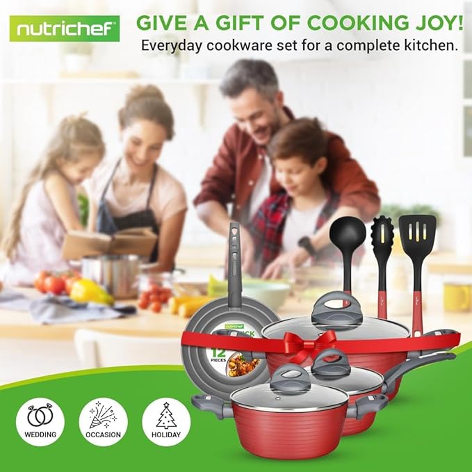 NutriChef Professional 12-Piece Red Nonstick Cookware - PFOA/PFOS-Free, Heat Resistant Lacquer, Elegant Design, Multi-Sized Pots and Pans