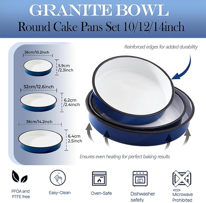 3-Pack Enamel Roasting & Baking Pan Set 10/12/14 Inch Round Deep Cake Pans for Turkey Pizza Casseroles Desserts Oven & Dishwasher Safe up to 932F Thanksgiving Holiday Gifts & Baking Dishes