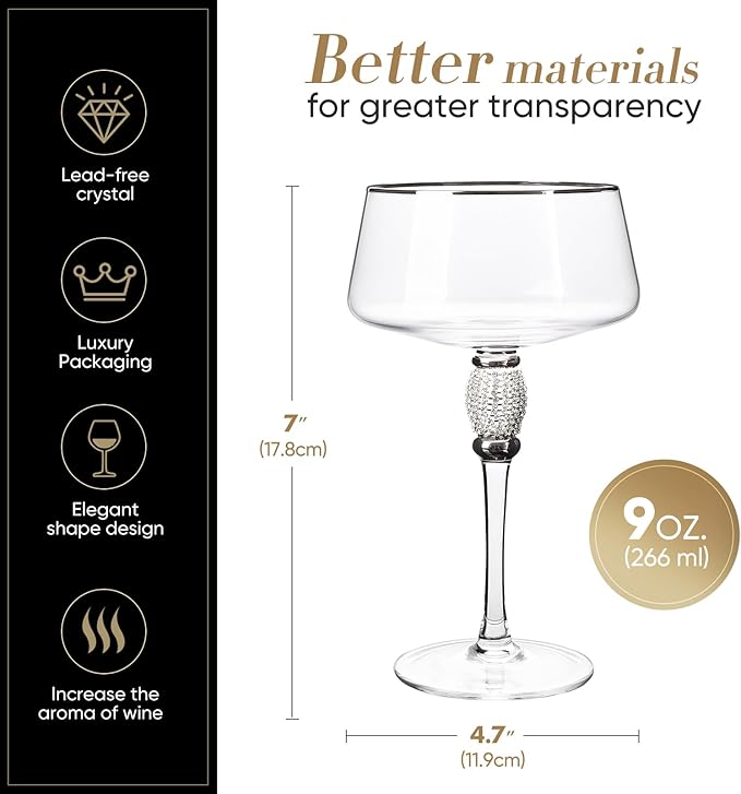 Silver Martini Glasses,Coupe Glass set of 2,Cocktail Glasses,Silver Rimmed&Rhinestones,Margarita Glasses,Champagne Tower,Scocktail Glass,Art Deco Glassware,Home Parties,9OZ.