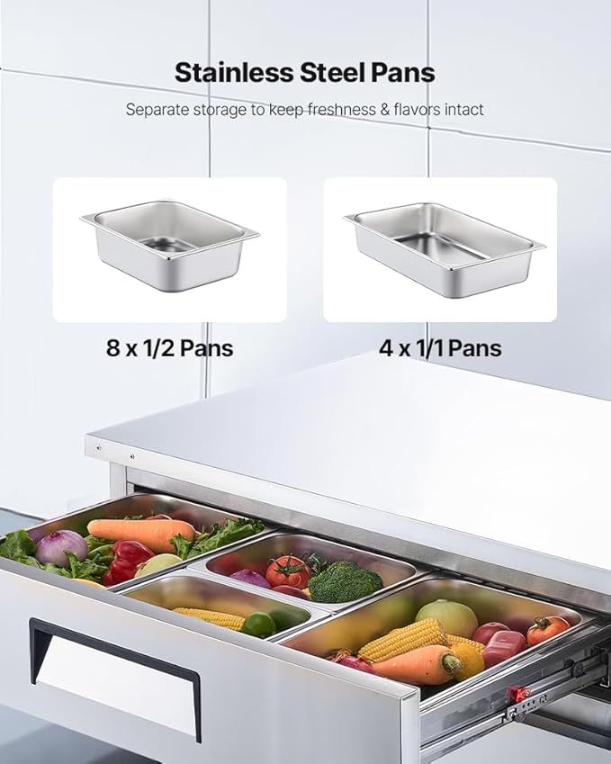 VEVOR Chef Base Refrigerator, 52" W Commercial Chef Bases Worktop Refrigerators, 2-Drawer Under Counter Fridge with 8 Pans Stainless Steel, Heavy-Duty Refrigerated Base, Invisible Door Handle