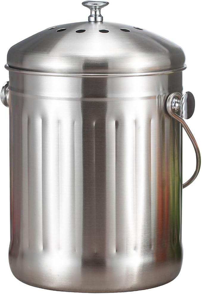 1.3 Gallon 5L Stainless Steel Compost Bin Countertop Compost Bucket Under Sink Kitchen Trash Can Composting Bucket Garbage Bin Poubelle Cuisine with Lid Charcoal Filter Indoor Silver