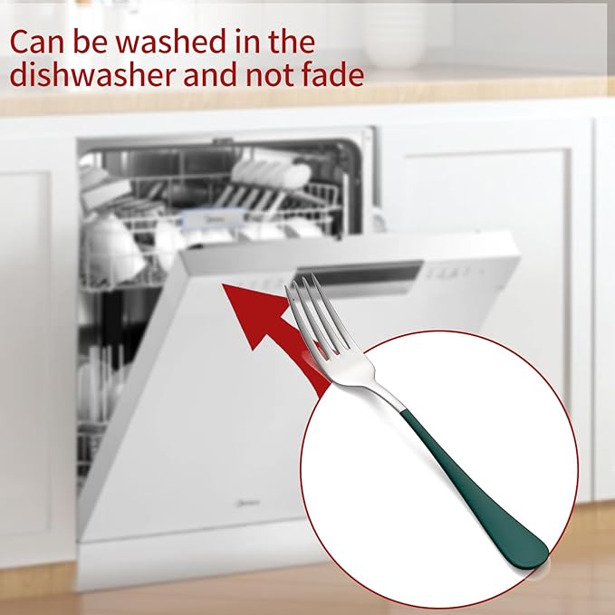 Green Dinner Fork, 18/0 Green handle Stainless Steel Satin Finish 8.1-inch Silverware Flatware Fork Set, Set of 12, Dishwasher SafG