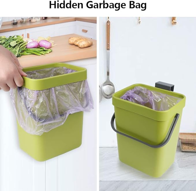 Hanging Small Trash Can with Lid Under Sink for Kitchen, 5 L/ 1.3 Gallons Plastic Waste Basket,Food Waste Bin,Kitchen Compost Bin for Counter Top,Bathroom/Office (Green)