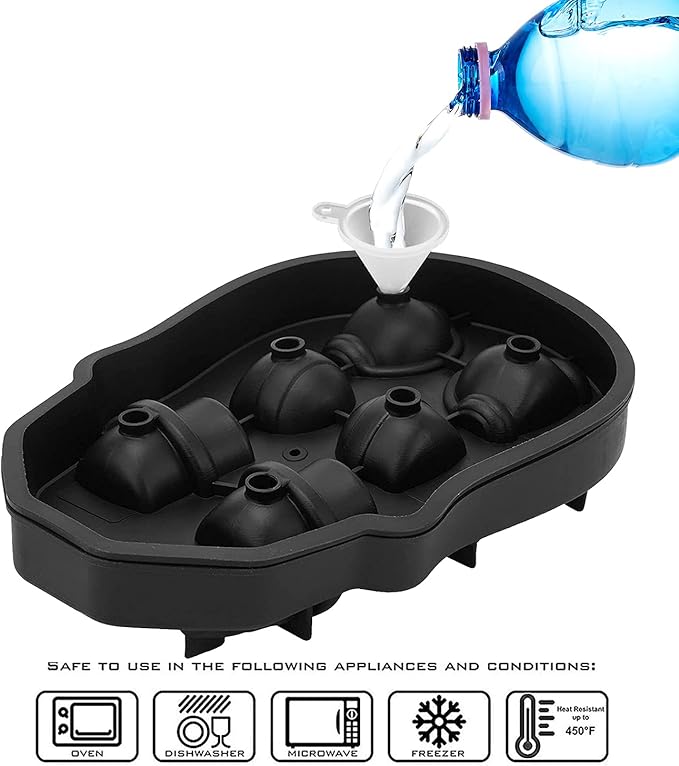 JETKONG 6 Cavity Skull Ice Maker - Silicone Skull Shaped Ice Mold and Tray for Whiskey, Cocktails and Beverages