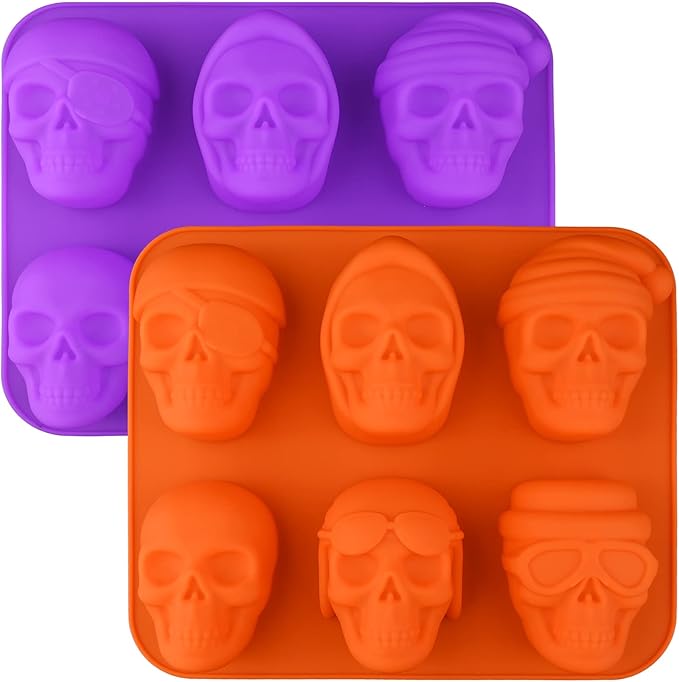 Sakolla Large Skull Cake Pan Silicone Mold, 2 Pack 6 Cavity Halloween Skull Cakelet Chocolate Molds Candy Pizza Baking Molds Handmade Soap Tray