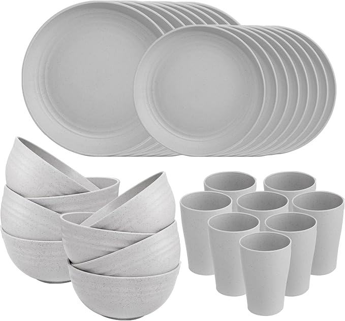 Supernal 32pcs Wheat Straw Dinnerware Sets for 8,Plates and Bowls Sets,Reusable Plastic Plates,Grey Dish Set for 8 include 16pcs Dishes, 8pcs Bowls, 8pcs Cups,Dishwasher Safe.