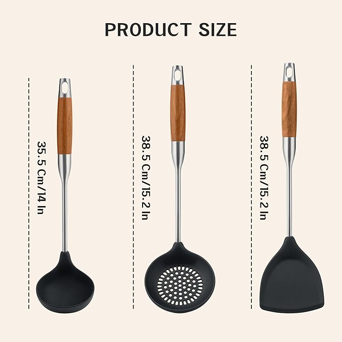 FJNATINH Silicone Wok Spatula,Ladle,Skimmer - Stainless Steel Wok Tools, Wok Utensil - Resistant Cooking Utensils BPA Free Kitchen Utensils Cookware Wooden Handle,3 Pieces