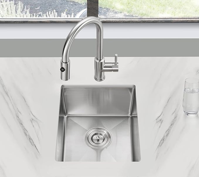 POPFLY 15x17 Inch Undermount Bar Prep Sink, 15” Undermount Rectangle Kitchen Sink, 304 Stainless Steel Single Bowl Small Kitchen Rv Sinks, Brushed