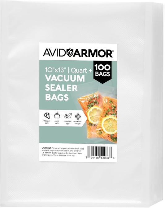 Avid Armor Vacuum Sealer Bags QUART PLUS Size 10"x13" 100 Pack for Food Saver and Seal A Meal Vac Sealers BPA Free Commercial Grade Sous Vide Vaccume Safe, Heavy Duty Universal Precut Storage Bag