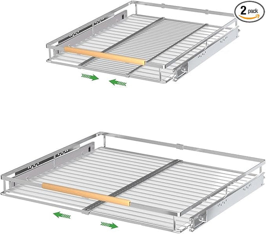 Pull Out Drawer Cabinet Organizers, Expandable Heavy Duty Slide Out Storage Shelf for Home Kitchen Pantry Cupboard Pots Pans, Adjustable Width 12.1" - 18.4", Stainless Steel 2 Pack