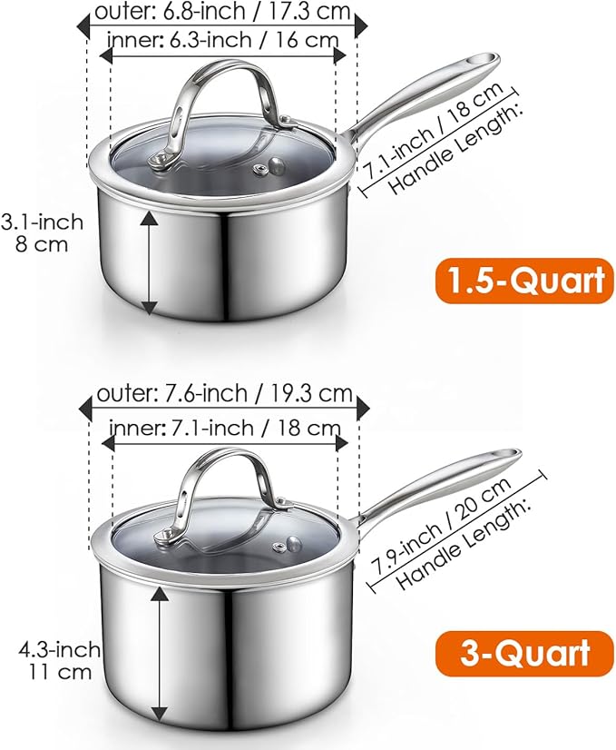 Cooks Standard Stainless Steel Saucepan Set 1.5 and 3 Quart, Multi-Ply Clad Sauce Pot With Glass Lid, Silver