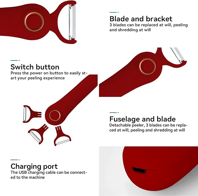 3-in-1 Electric Peeler | Auto Blade for Fruits/Vegetables | 3 Interchangeable Blades | Type-C Charging,Battery Capacity 1500 mAh | Kitchen, Travel, Camping