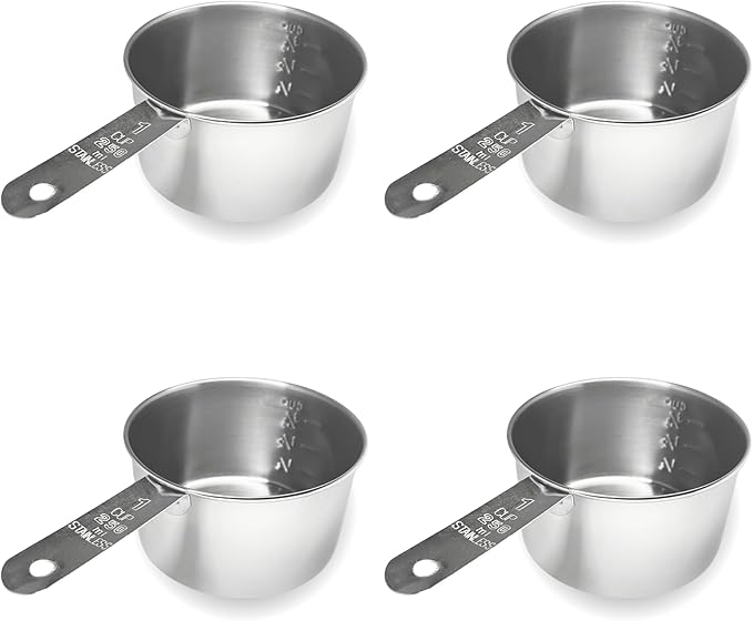 1 Cup Stainless Steel Measuring Cup | Sturdy Metal 250 ml | 240 cc | 8 oz | Single Cup for Wet and Dry Ingredients | Great for use as 1 Cup Dog Food Scoop - 4 PK