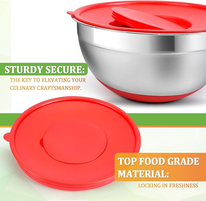 Mixing Bowls with Lids Set,10pcs Stainless Steel Mixing Bowls with Graters and Egg Whisk &Non-Slip Bottoms Food Prep Nesting Bowls for Baking, Cooking, Meal Storage(1.2QT-5.5QT)