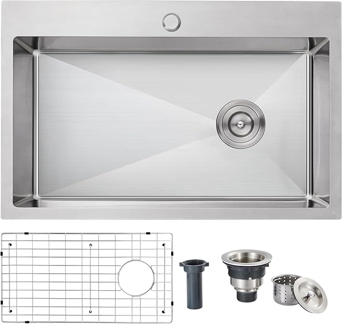 28x18x9 Inch Kitchen Sink Drop in, Handmade 304 Stainless Steel Single Bowl, Centre-Offset Drain, R10 Tight Corner, Topmount Kitchen Sink with Strainer & Bottom Grid