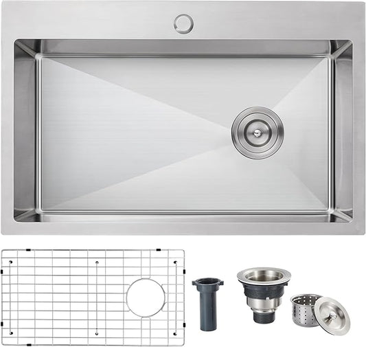 28x18x9 Inch Kitchen Sink Drop in, Handmade 304 Stainless Steel Single Bowl, Centre-Offset Drain, R10 Tight Corner, Topmount Kitchen Sink with Strainer & Bottom Grid