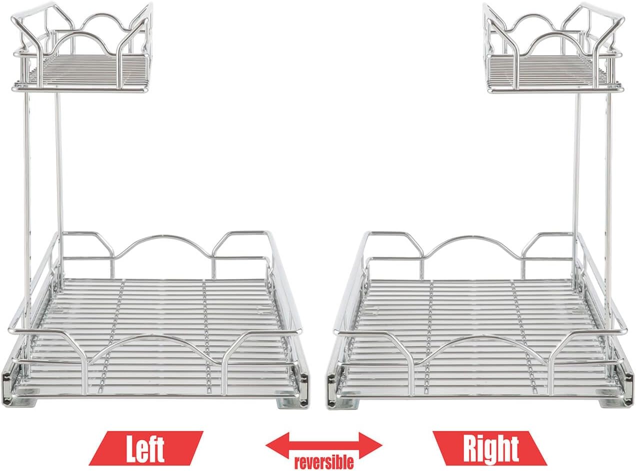 OCG Under Sink Cabinet Organizer Two Tier Pull Out Shelf (14.75W x 21D), Under Sink Sliding Shelf for Kitchen Bathroom Cabinet 2 Tier Chrome