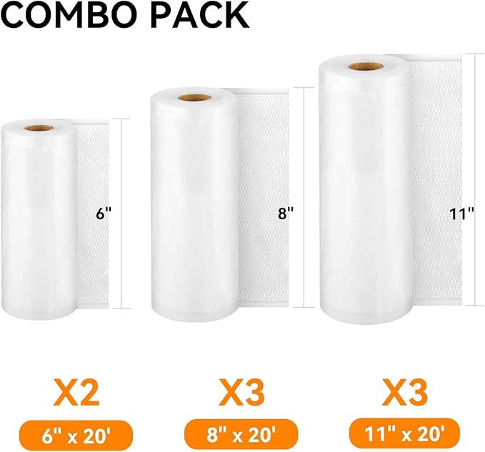 [2024 New] 8 Pack 6" x 20', 8" x 20' and 11" x 20', Vacuum Sealer Bags Rolls for Food, Great for Food Storage, Sous Vide and Meal Prep, Wevac Lite