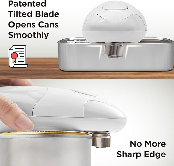 Kitchen Mama Auto Electric Can Opener: Open Your Cans with A Simple Press of Button - Automatic, Hands Free, Smooth Edge, Food-Safe, Battery Operated, YES YOU CAN (White)