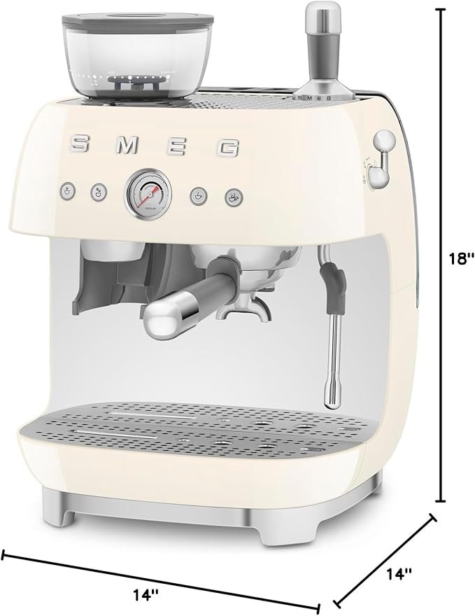 Smeg EGF03 Semi-Automatic Espresso Machine with Built-In Grinder, Dual Thermoblock, 50’s Retro Style – Cream (120 V)