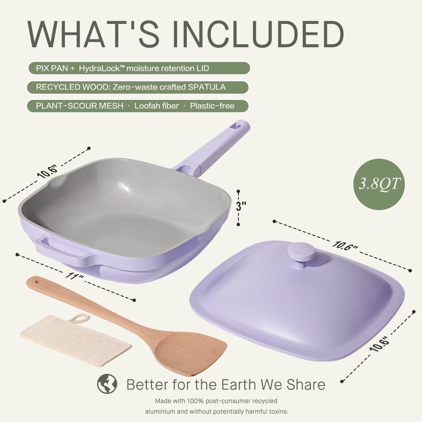 10.5 Inch(3.8QT) Ceramic Pan with Lid,Non Stick Frying Pans Cast Aluminum Deep Sauté Pans,Ti-Ceramic Non Toxic Pix Pan with Wooden Spatula and Scrubber-Dusk Petal