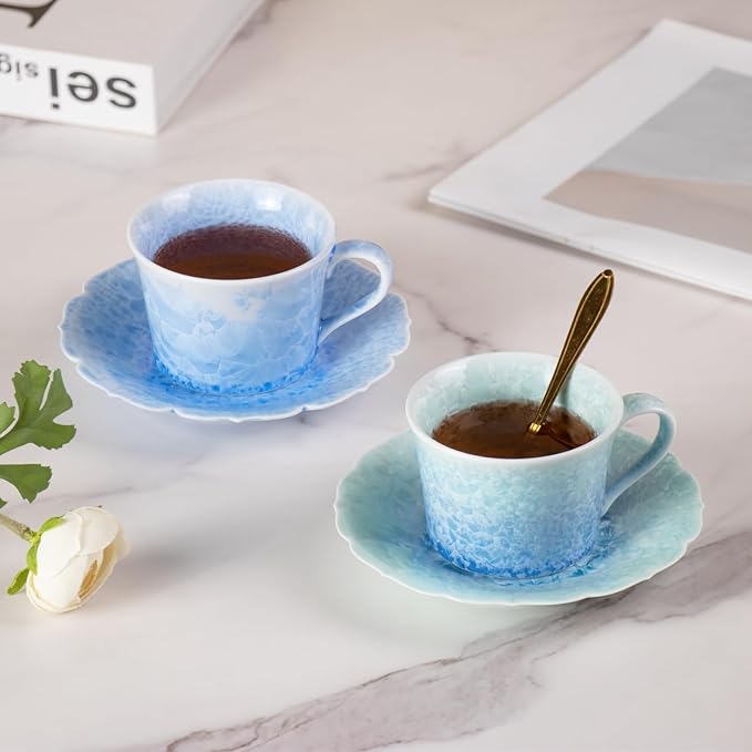 KAMMAK Tea Cups and Saucers Set of 2, Porcelain Coffee Cups, 5oz Crystalline Glaze Espresso Mugs, Ceramic Demitasse for Coffee, Cappuccino, Latte, Americano, Tea (Ice crystal blue + greenish blue)