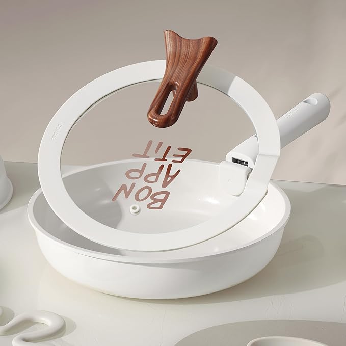 CAROTE Ceramic Pots and Pans Set Non Stick, Nonstick Kitchen Cookware Sets with Lid, Detachable Handle Sauté Pan Set, Non Toxic Frying Pan, Oven Safe, Induction Ready, Cream White