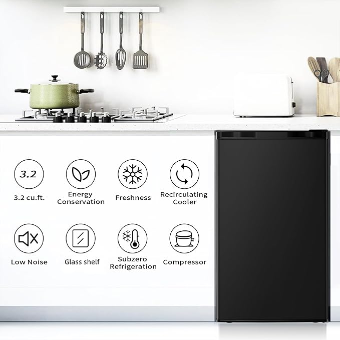 Antarctic Star Mini Compact Refrigerator with Freezer, 3.2 Cu.Ft. Single Door with Adjustable Thermostat,Removable Glass Shelves for Apartment/Dorm/Office,BLACK