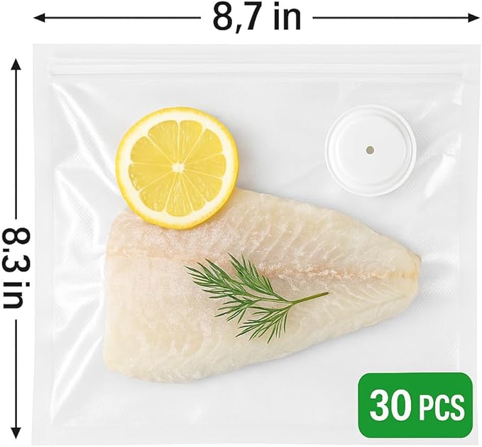 Vacuum sealer bags for food,reusable double zipper vacuum bag with air valve,suitable for sous vide cooking and microwave heating,dishwasher and freezer safe (8.3 * 8.7inch) 30pcs.
