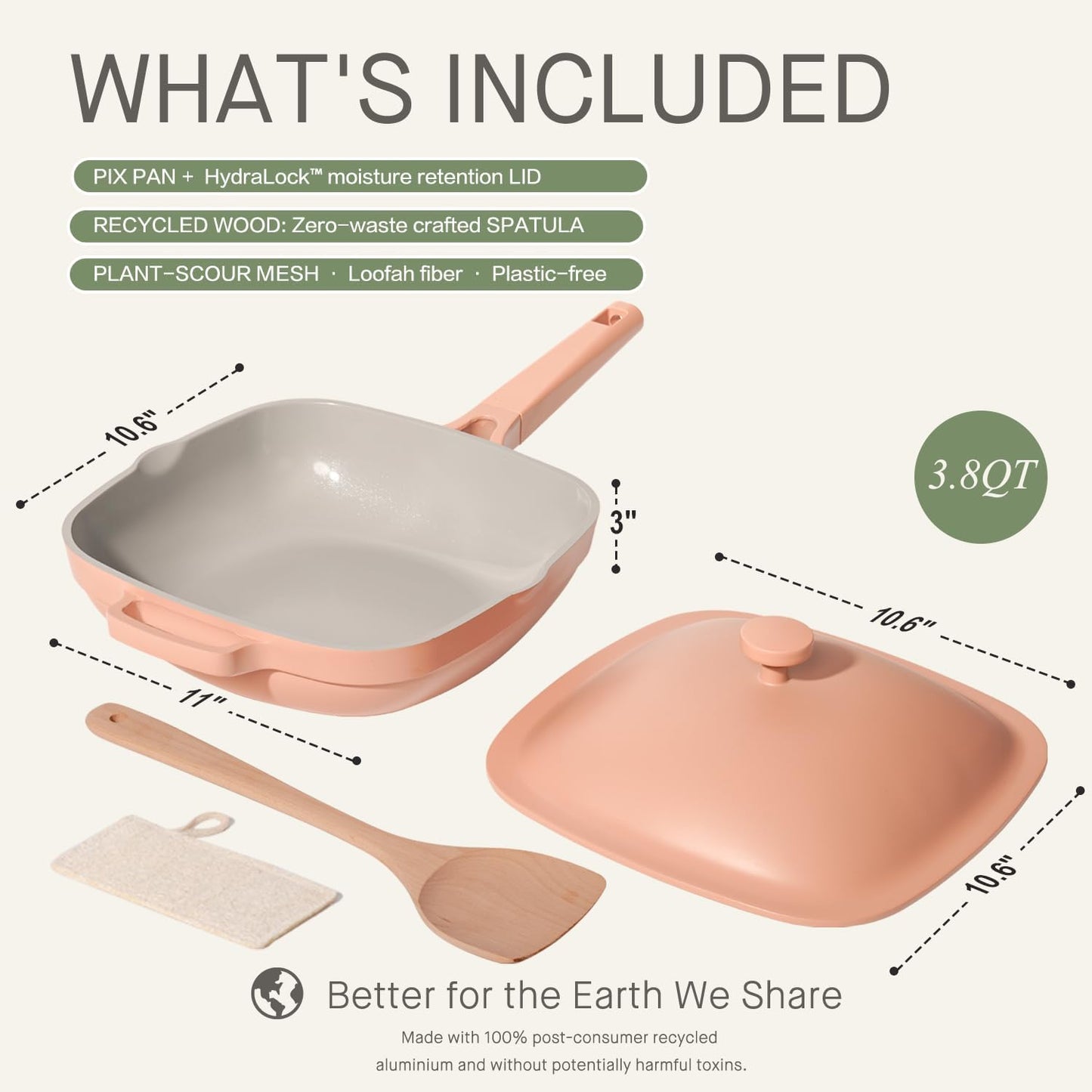 10.5 Inch(3.8QT) Ceramic Pan with Lid,Non Stick Frying Pans Cast Aluminum Deep Sauté Pans,Ti-Ceramic Non Toxic Pix Pan with Wooden Spatula and Scrubber-Desert Clay