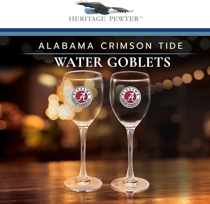 Heritage Pewter Alabama Glass Water Goblets – Set of 2 | 12 OZ Goblet Glasses | Expertly Crafted Pewter Glass