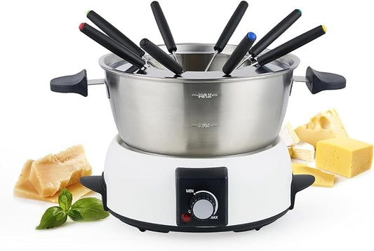 Electric Fondue Pot Set for Cheese & Chocolate - 6-Cup Stainless Steel Fondue Pot with 8 Coded Forks - 3 Mode Fondue Set Adjustable Temperature Control for Cheese, Oil and Hotpot, FD-10