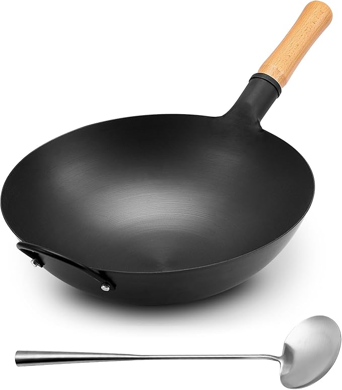 WANGYUANJI Iron Wok,13.38 inchTraditional Round-Bottom Wok, Chef’s Professional Stir-Fry Pan with Wooden Handle, Chemical-Free Wok for Gas Stoves and Round-Bottom Induction Stovetop(No lid included)