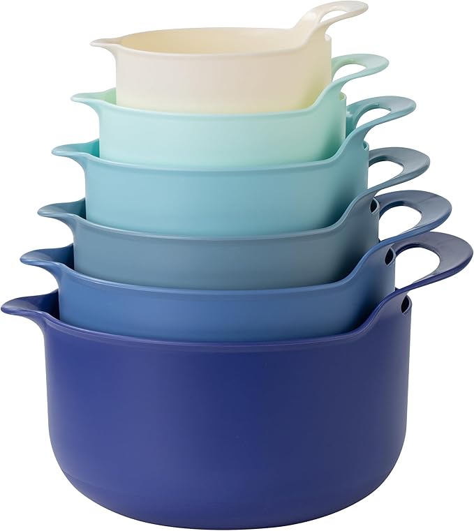 COOK WITH COLOR Nesting Plastic Mixing Bowl Set with Pour Spouts and Handles, Blue, 6 Piece Non-Slip