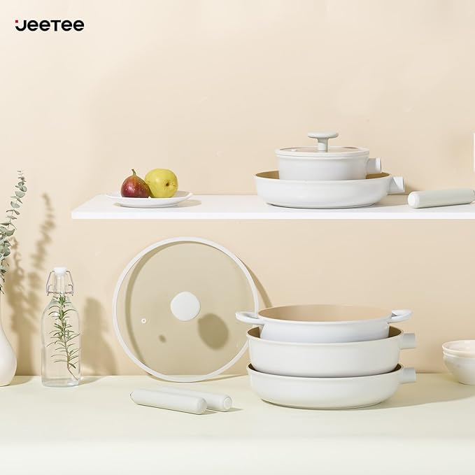 JEETEE Ceramic Cookware Set, 15 PCS Pots and Pans Set Non Stick with Removable Handles, Non Toxic Induction Kitchen Cookware Sets, Oven Safe PFAS/PTFE/PFOA Free Cream