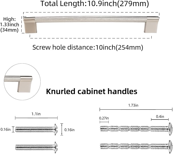 10 Pack 10 inch(254mm) Brushed Satin Nickel Kitchen Cabinet Handles Knurled Cabinet Pulls Drawer Pulls Kitchen Hardware