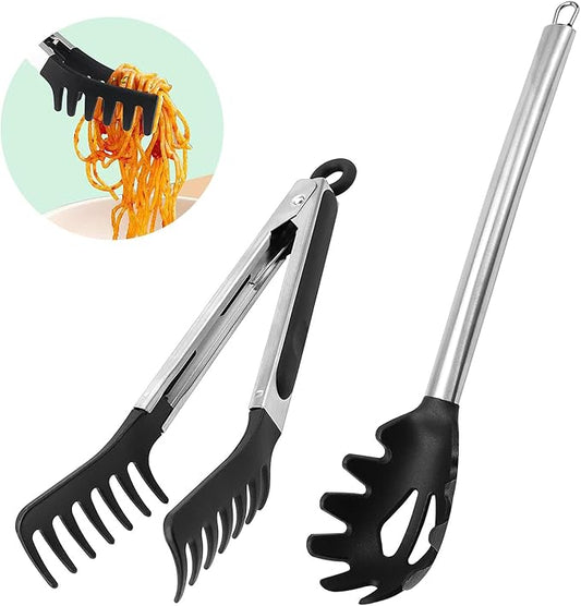 Silicone Spaghetti Spoon & Pasta Tong, Non-Stick Stainless Steel Handle Pasta Fork Set with Teeth, Food Clip for Spaghetti Noodle