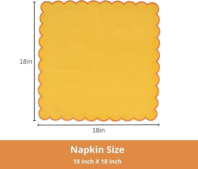 PurpleEssences Scalloped Embroidery Cloth Napkins Christmas Holiday Winter Table Decor 100% Cotton Set of 4-18 x 18 inch - Golden Yellow - Edges - Orange